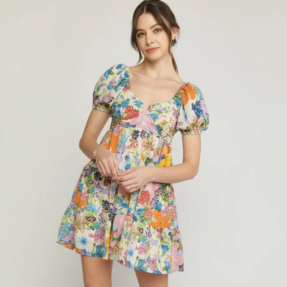 Entro Orange Yellow Tiered Puff Sleeve Sundress